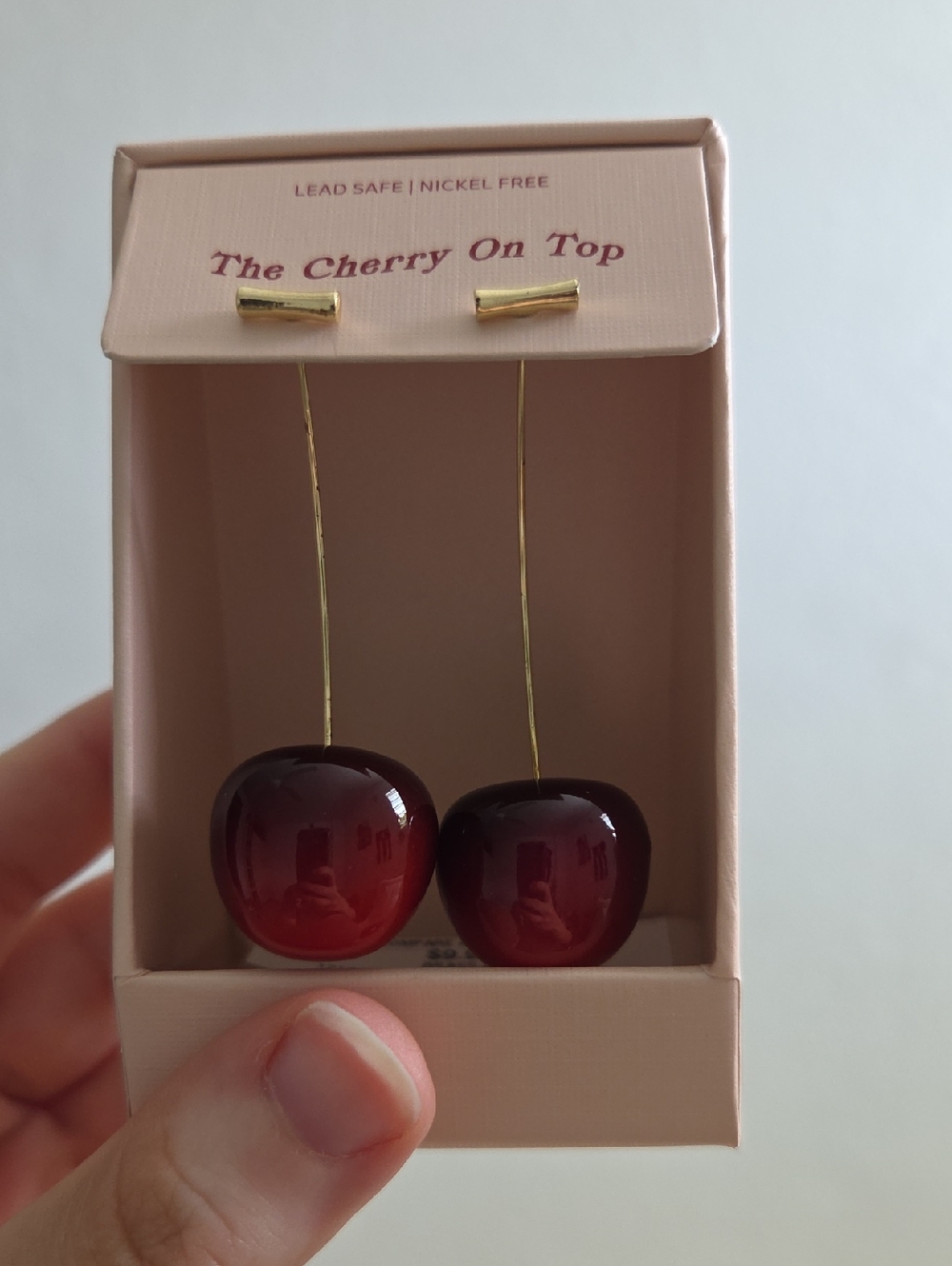 Gold-Thread Cherry Drop Earrings - Deep Red